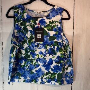 Milly Blue and Green Floral/Leaf print cropped sleeveless blouse